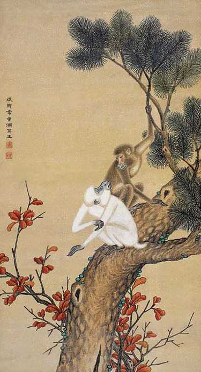 常曾灏 松猴 镜心